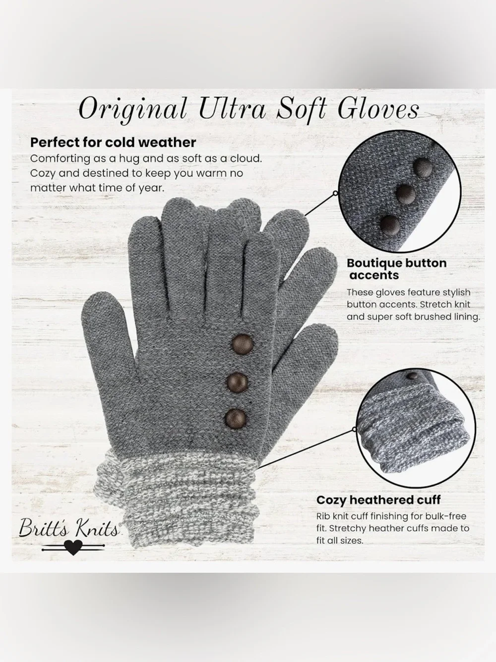 Britt’s Knits Women’s Charcoal Gray Knit Gloves NWT Classic Gloves OS